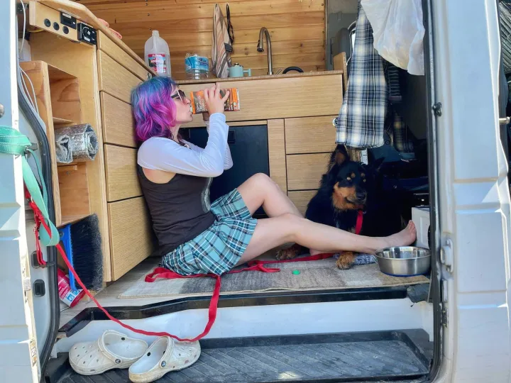 Inside an RV rental: a person with vibrant hair sips a drink, cozy with their dog in a custom wooden van interior.. Mercedes Sprinter 2006