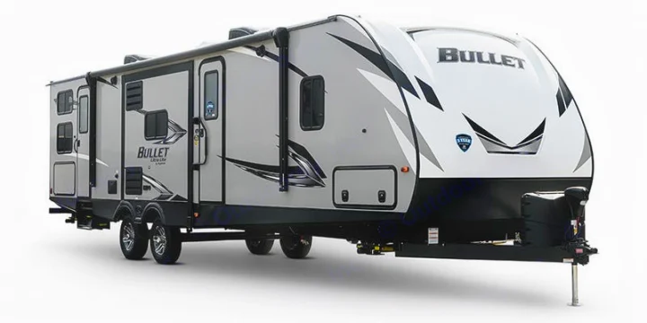 Modern light grey and white Bullet travel trailer, branded 'Ultra Lite', ideal for your next rv rental adventure.. Keystone RV Bullet Ultra Lite 2020