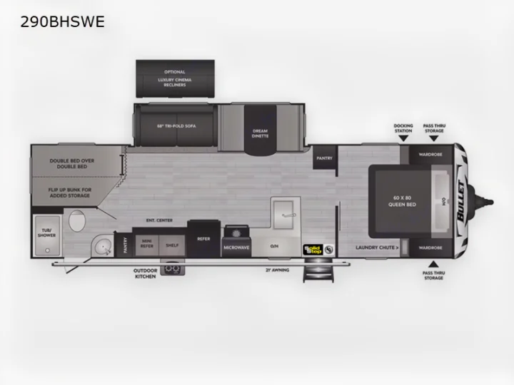 Detailed RV floor plan of Bullet 290BHSWE. Shows spacious interior with queen bed, bunks, kitchen, and bath, ideal for rv rental.. Keystone RV Bullet Ultra Lite 2020