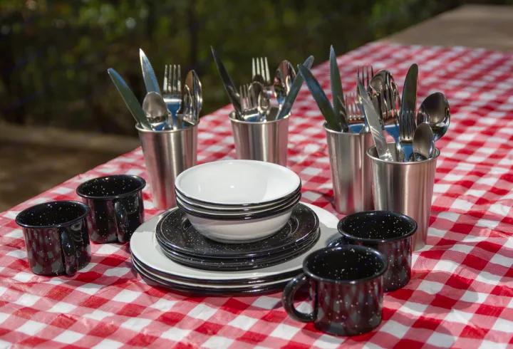 Essential outdoor dining gear: sturdy enamelware, mugs, and cutlery on a checkered tablecloth, ready for your RV rental adventure!. Braxton Creek Free Solo 2022