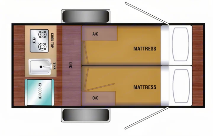Detailed RV rental floor plan: Kitchen (cooktop, sink, cooler), two mattresses, and AC. Compact camper interior layout.. Braxton Creek Free Solo 2022