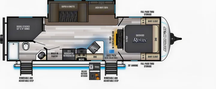 RV rental floor plan: A travel trailer layout showing a queen bed, bunk beds, kitchen, bath, dinette, and exterior features.. Forest River Cherokee Alpha Wolf 2022