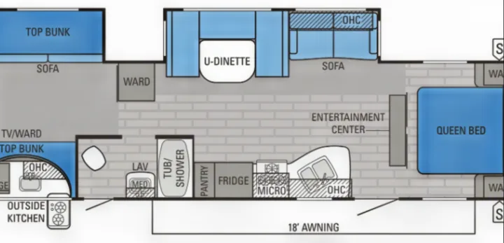 RV rental floor plan: explore the spacious interior layout with bunks, U-dinette, kitchen, bath, and queen bed.. Jayco Jay Flight 2016