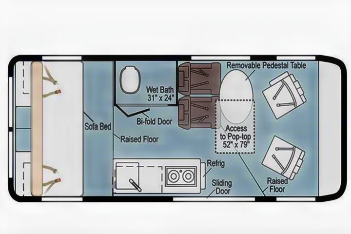 Detailed RV rental floor plan: a compact campervan layout with sofa bed, wet bath, kitchen, and pop-top access area.. Winnebago Solis 2022