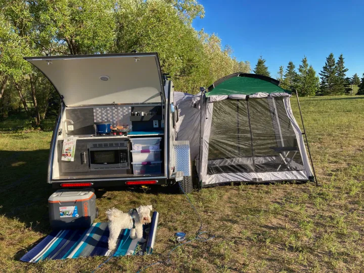 This RV rental setup shows a small camper trailer with its outdoor kitchen open, an attached tent, and two dogs on a mat, ready for a camping trip.. Nucamp T@G 2022