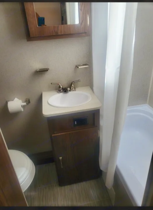 RV rental bathroom interior with a compact sink, toilet, and shower area.. Forest River Rockwood Geo Pro 2018