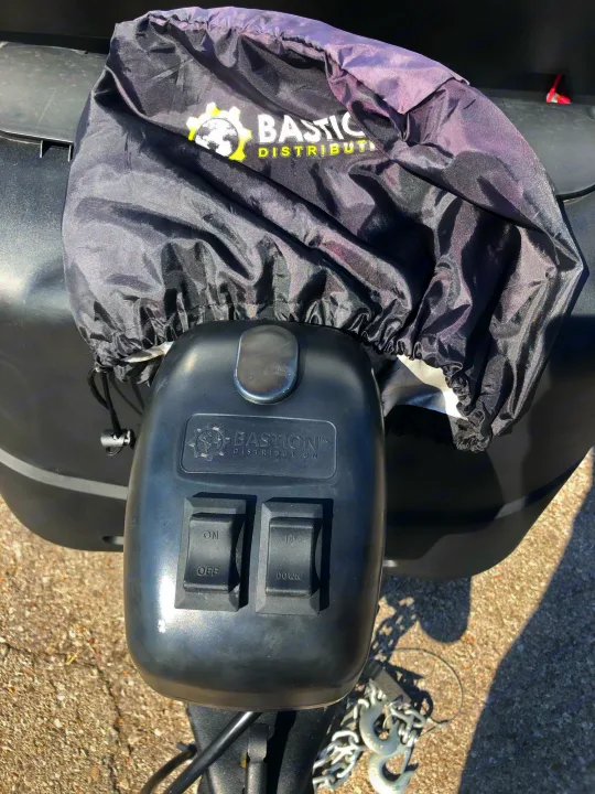 RV rental trailer's electric jack with ON/OFF and UP/DOWN controls for easy hitching.. Crossroads RV Volante 2022