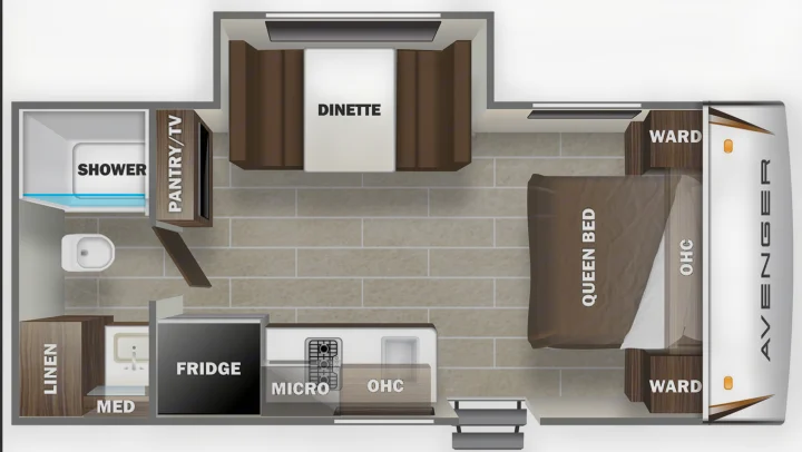RV rental floor plan: A detailed interior layout of an Avenger RV, featuring a queen bed, dinette, kitchen, and bathroom amenities.. Forest River Avenger 2022