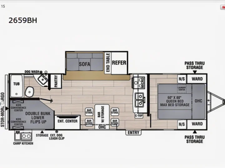 RV rental: 2659BH travel trailer floor plan showing queen bed, double bunks, kitchen, bath, and extensive storage.. Other Other 2022
