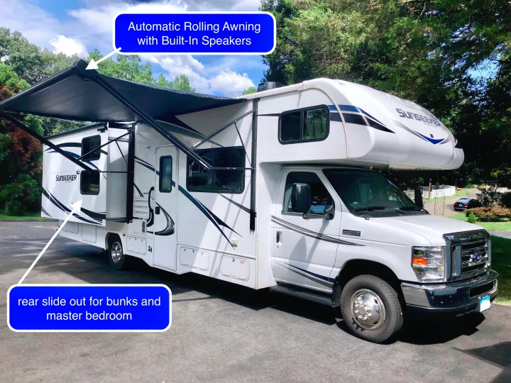 This Sunseeker RV rental features an auto awning with speakers and a rear slide-out for bunks & master bedroom.. Forest River Sunseeker LE 2020