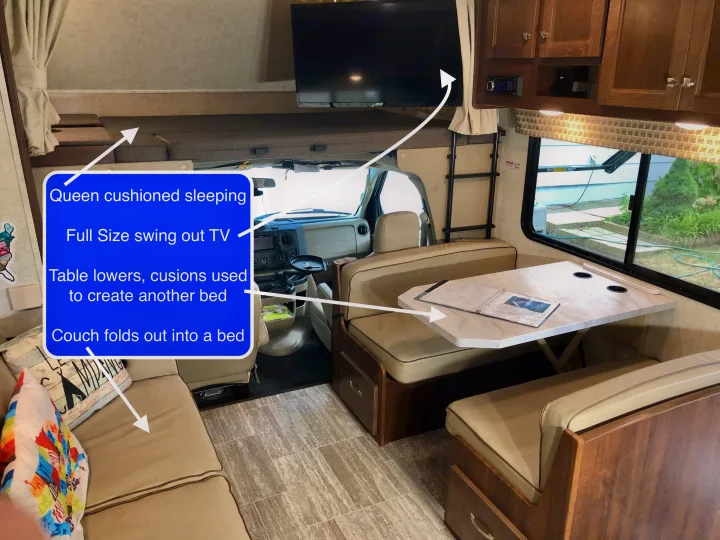 RV rental interior showcases diverse sleeping: queen bed over cab, dinette converts, and couch folds out. Includes full-size swing-out TV.. Forest River Sunseeker LE 2020