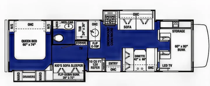 Detailed RV rental interior layout: queen bed, bunks, kitchen, bathroom, sofa, dinette, and storage features.. Forest River Sunseeker LE 2020