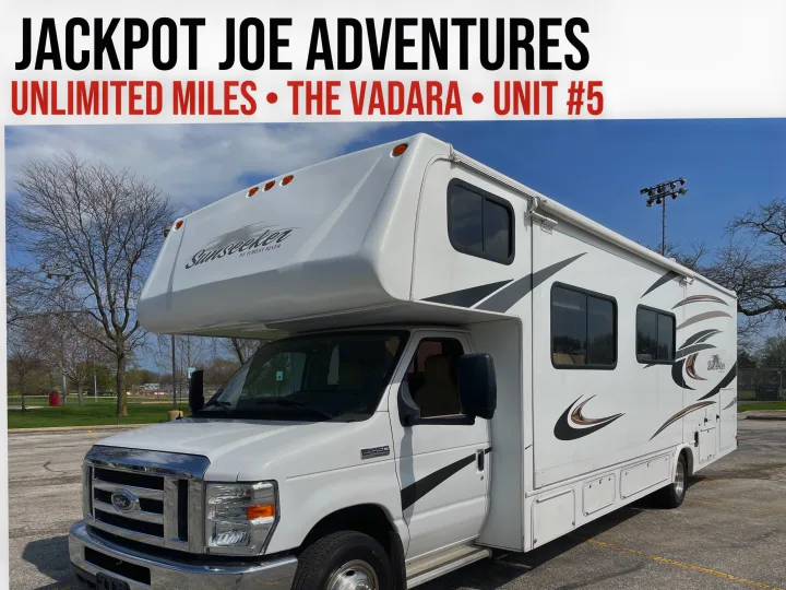 Jackpot Joe Adventures' white Sunseeker Class C rv rental, Unit #5, is ready for unlimited miles of travel.. Forest River Sunseeker 2013