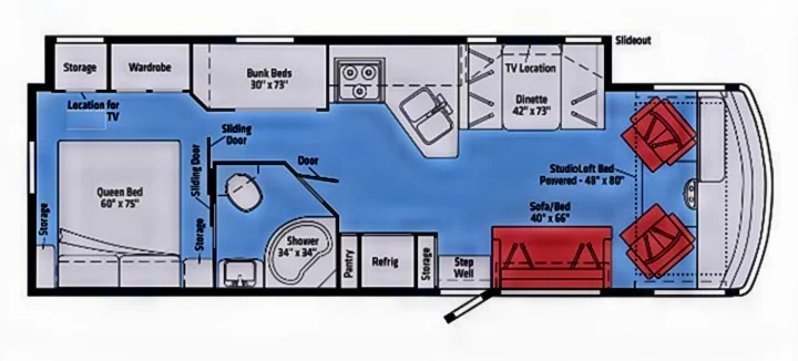 Detailed RV rental floor plan displays the interior layout including queen, bunk & sofa beds, kitchen, bath, dinette.. Winnebago Vista 2017