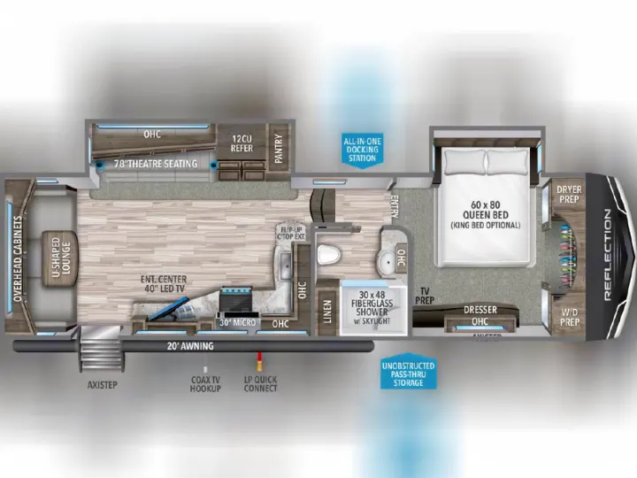 This Reflection RV rental floor plan showcases a comfy interior with a queen bed, theatre seating, and kitchen amenities.. Grand Design Reflection 2021