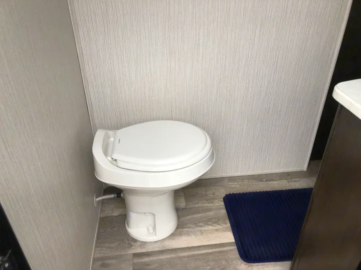 RV rental bathroom features a compact white toilet, light walls, and gray wood-look floor with a blue mat.. Heartland RVs Prowler 2020