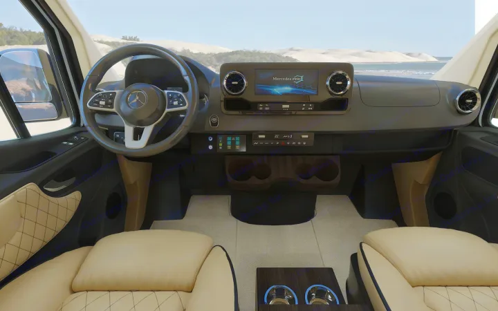 Luxury Mercedes-Benz RV rental interior: ergonomic cockpit, quilted beige seats, and a panoramic beach view. Ideal for road trips.. Ultimate Toys Ultimate Coach 2023