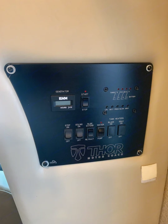 This RV rental's Thor Motor Coach control panel helps manage generator, tank levels, and operate slide-outs, water pump, & heaters.. Thor Motor Coach Chateau Sprinter 2018