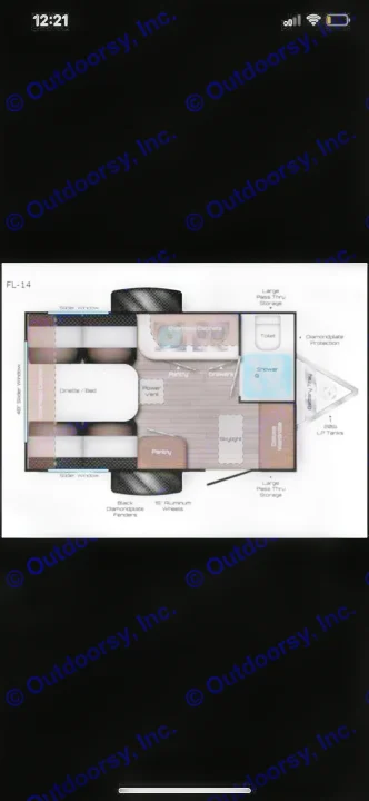 Top-down view of an FL-14 RV rental floor plan, highlighting the compact travel trailer interior: convertible bed, kitchen, bath, & storage.. Travel Lite Falcon 2019