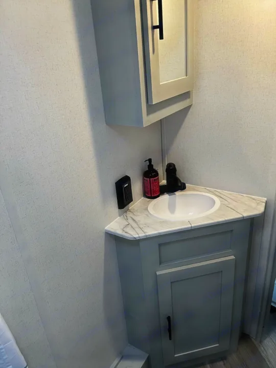 Inside an RV rental: a compact bathroom with a gray vanity, white sink, and medicine cabinet.. Forest River Wildwood FSX Plantium 2022