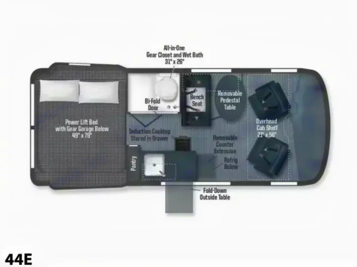RV rental floor plan, model 44E, detailing bed, wet bath, kitchen, and living space in this versatile camper.. Winnebago Revel 2022