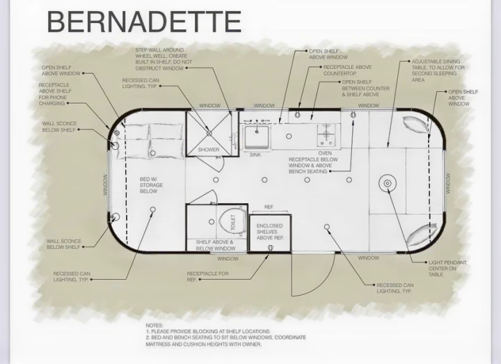 Bernadette RV rental floor plan details a compact tiny home layout, including bed, shower, toilet, kitchen, and convertible dining.. Airstream Safari 1964