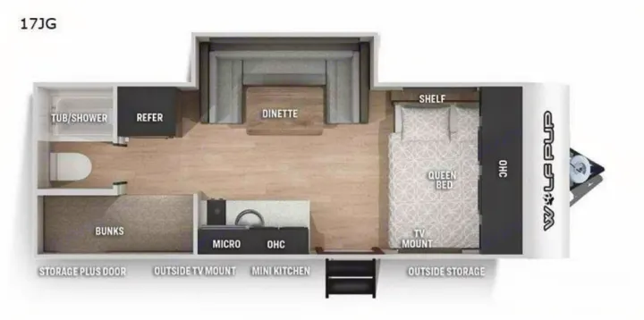 RV rental floor plan of a Wolf Pup 17JG trailer, showing queen bed, bunks, bathroom, kitchen, and dinette.. Forest River Cherokee Wolf Pup Black Label 2022