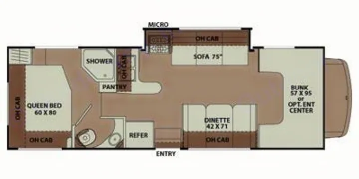 RV rental floor plan: queen bed, shower, pantry, micro, sofa, dinette, and bunk area. Visualize this spacious interior layout.. Coachmen Leprechaun 2022