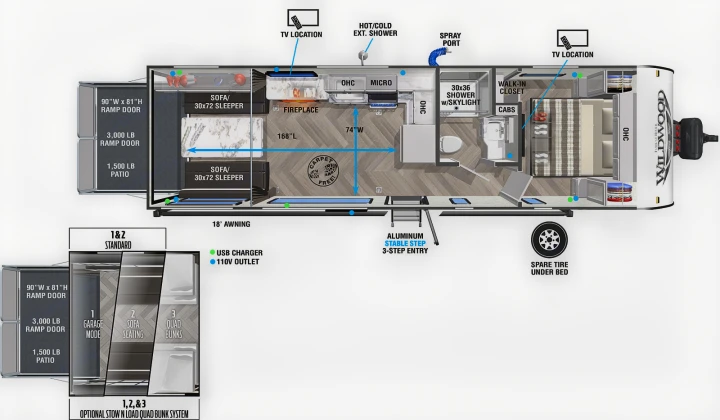 RV rental: Explore this spacious floor plan with a versatile garage, convertible bunks, full kitchen, bath, and master bedroom.. Forest River Wildwood 2022