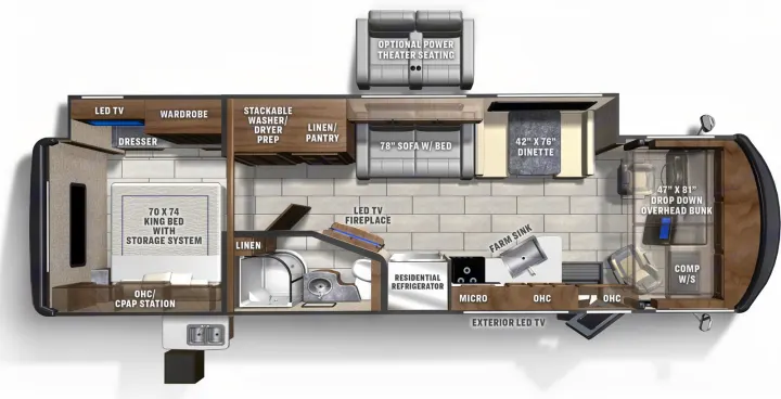 Detailed RV rental motorhome floor plan, featuring a king bed, dinette, kitchen, bathroom, and optional theater seating.. Coachmen Encore 2021