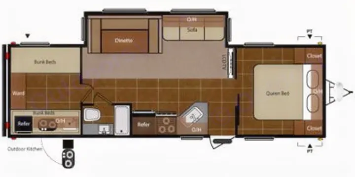 This RV rental floor plan showcases the interior layout with a queen bed, bunk beds, kitchen, dinette, and bath.. Keystone RV Springdale 2013