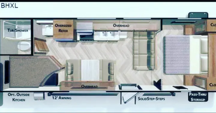 Top-down RV floor plan for an rv rental. Highlights a bath, kitchen, bedroom, 12' awning, and ample storage, showing the layout.. Forest River Salem Cruise Lite 2021