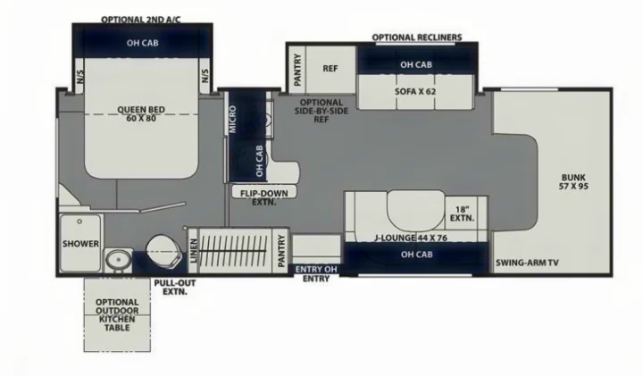 Top-down view of an RV rental floor plan, featuring a queen bed, bunk, kitchen, and lounge seating.. Coachmen Leprechaun 2022