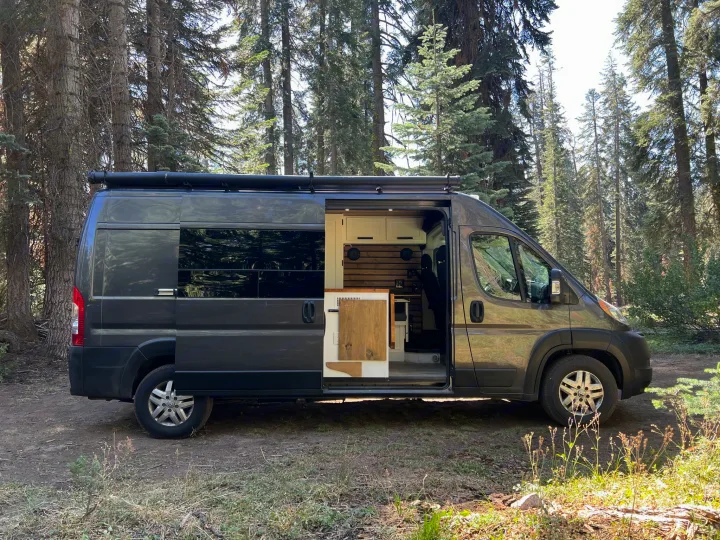A dark grey custom camper van, ideal for an rv rental, is parked in a sunlit forest clearing with its side door open revealing the interior.. Dodge Sprinter Van 2019