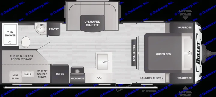 Explore this RV rental floor plan of a Bullet travel trailer, detailing its queen bed, bunks, kitchen, bathroom, and dinette layout.. Keystone RV Bullet Crossfire 2022