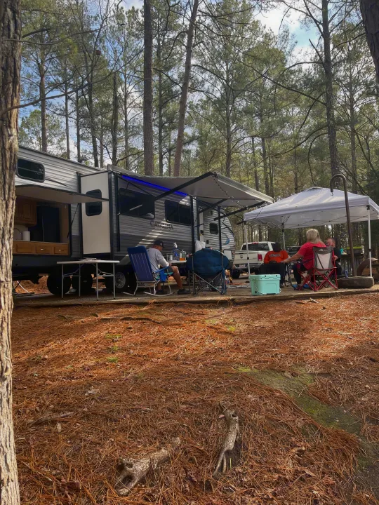 Forest campsite scene: people enjoying their RV rental setup under an awning and canopy.. Coachmen Catalina 2019