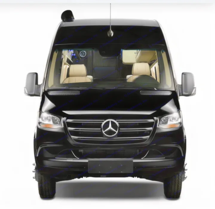 Front view of a black Mercedes-Benz Sprinter van, ideal for rv rental. Shows a luxurious interior with light-colored seats.. Ultimate Toys Ultimate RV 2023