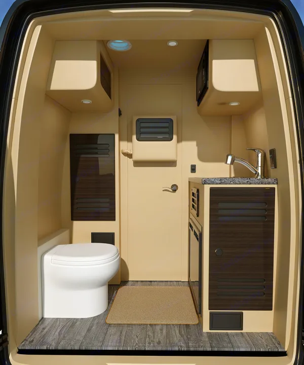 Interior of an RV rental: a cozy space with a toilet, compact kitchen sink, and overhead microwave for travel.. Ultimate Toys Ultimate Cruiser 2022
