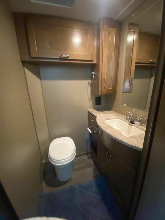 Compact RV rental bathroom with a white toilet, sink, and wooden cabinets.. Winnebago Outlook 2019