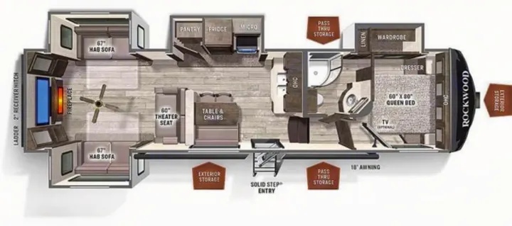 Detailed RV rental floor plan: Rockwood layout with queen bed, living room, kitchen, bathroom, and storage. Ideal for travel.. Forest River Rockwood Ultra Lite 2020