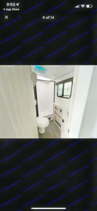 RV rental bathroom interior: a bright space featuring a walk-in shower, toilet, and vanity with counter space.. Shadow Trailers 277bhs 2022