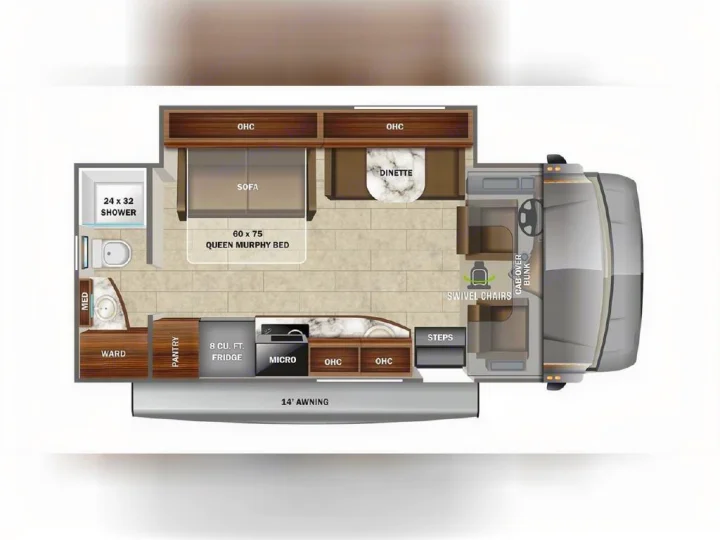 RV rental interior layout: A detailed motorhome floor plan showcasing a queen Murphy bed, dinette, kitchen, bath, and cockpit.. Jayco 24M 2022