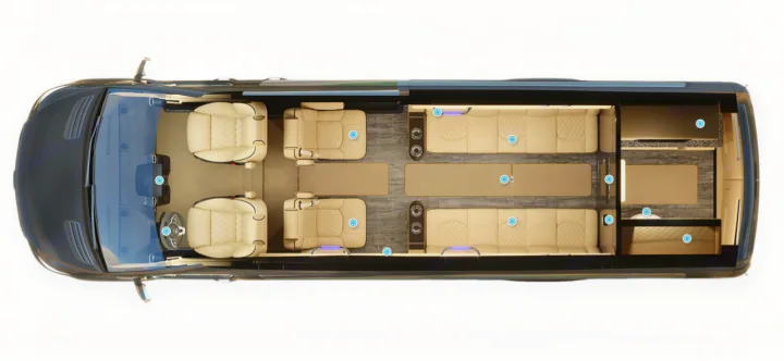 RV rental: Overhead view of a luxury camper van interior with front seats, swiveling chairs, and a spacious rear lounge area.. Ultimate Toys Other 2022
