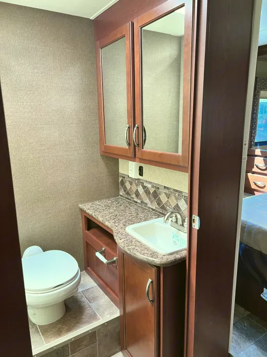 This RV rental features a compact bathroom with a toilet, sink, vanity, and mirrored cabinets, designed for comfortable travel.. Thor Freedom Elite 2015