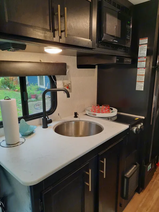 Compact RV rental kitchenette featuring a black microwave, round sink, and dark cabinets. A practical interior for travel.. Forest River Cherokee Wolf Pup 2022