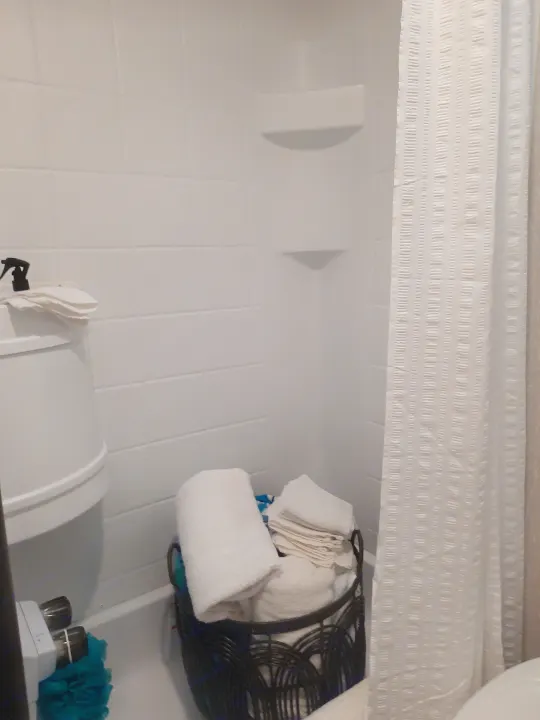 RV rental bathroom: White shower with textured curtain, built-in shelves, towels, and bath essentials.. Forest River Cherokee Wolf Pup 2022