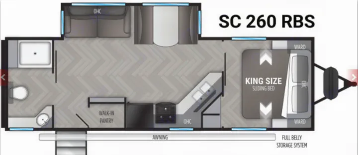 Explore this RV rental floor plan (SC 260 RBS) featuring a king bed, bath, kitchen, living area, and walk-in pantry.. Cruiser RV Shadow Cruiser 2022