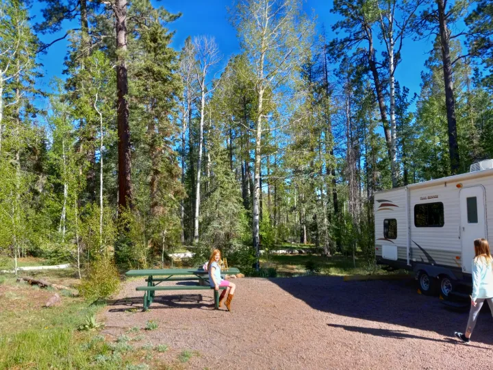 Enjoying a peaceful forest campground with an RV rental, two girls relax by their travel trailer and picnic table.. Heartland RVs Trail Runner 2013