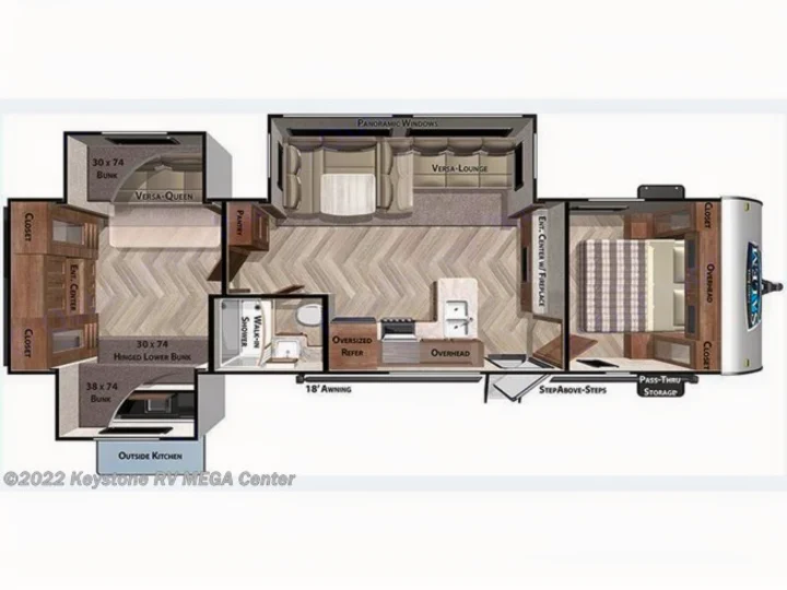 RV rental floor plan: See the layout with bunk beds, queen bedroom, kitchen, bath, living area with fireplace, and an outside kitchen.. Forest River Salem 2020