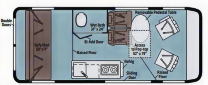RV rental camper van floor plan showing a convertible sofa/bed, wet bath, kitchen, dining area, and pop-top access.. Winnebago Solis 2022